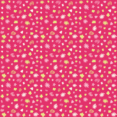 Spring pattern with spirals, leaf, flowers. Pastel colors. Elegant, soft seamless background, abstract summer pattern with hand-drawn colorful shapes. Delicate, gender-neutral, child's room. Pink.