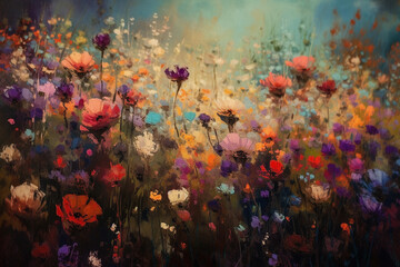 Plakat Meadow of multicoloured wildflowers in an impressionist oil painting style. Created with generative AI technology