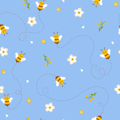 Fototapeta na wymiar Seamless pattern with cute bees and flowers. Vector graphics.