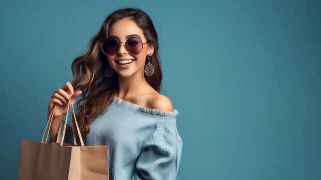 Photo of amazed pretty optimistic brunette young lady do shopping wear glasses coat on blue color background. Generative AI.