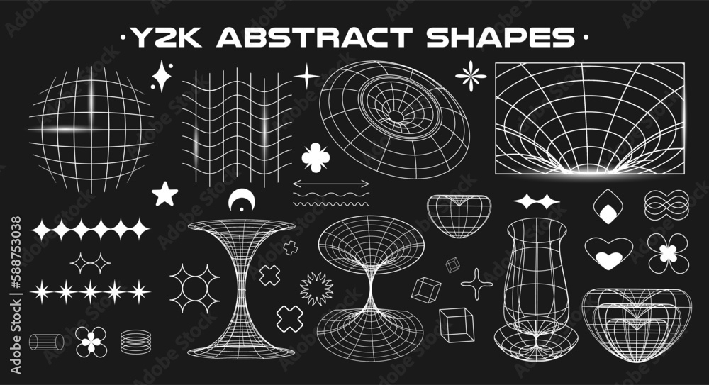 Aufkleber Set of abstract aesthetic y2k geometric elements and wireframe shapes. Black and white retro line design elements. Vector illustration for social networks or posters. EPS 10