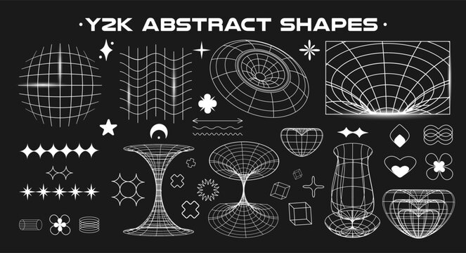 Set of abstract aesthetic y2k geometric elements and wireframe shapes. Black and white retro line design elements. Vector illustration for social networks or posters. EPS 10