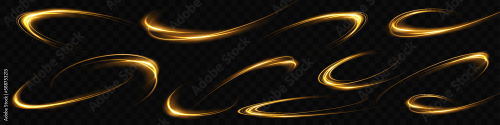 Poster abstract light lines of movement and speed in golden color. light everyday glowing effect. semicircu