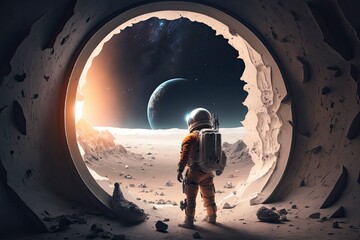 astronaut observing the universe from his spacecraft. Generative ai