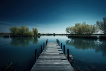 Serene Panorama of Jetty Extending into a Calm Lake