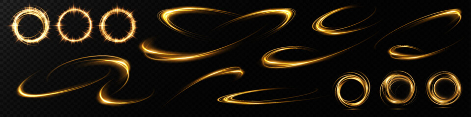 Abstract light lines of movement and speed in golden color. Light everyday glowing effect. semicircular wave, light trail curve swirl, optical fiber incandescent png.