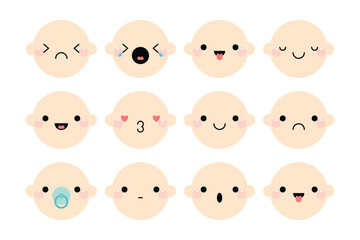 Set of baby faces emoji with different mood. Vector flat set of child emoji faces expressions. 
