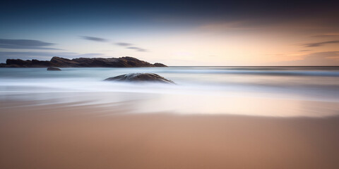 Fototapeta na wymiar Tranquil beach at sunset with golden sand and calm waves using long exposure , generative art,