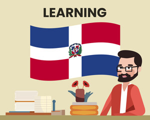 Dominican Republic flag with a male teacher, learning or teaching Dominican Republic language, school concept