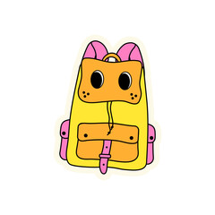 Bright cheerful sticker with a bag for camping and hiking. Sticker for messengers, illustrations, web resources..