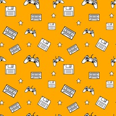 Seamless pattern of gamepads, floppy disks, audiocassettes and stars on orange background, digital illustration in flat doodle style