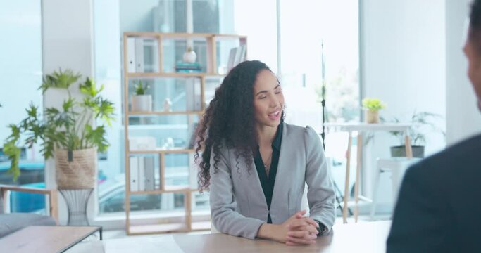 Business people, handshake and interview in meeting, partnership or hiring process at office. Woman recruiter shaking hands with businessman for corporate introduction, deal or agreement at workplace