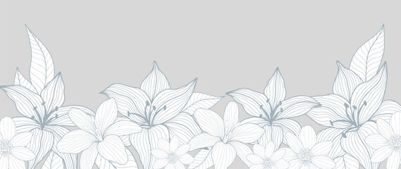 Gentle vector floral illustration with blue lilies and daisies for decor, covers, backgrounds, wallpapers. Background for text or photo