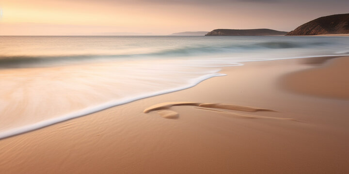 Tranquil beach at sunset with golden sand and calm waves using long exposure  , generative art,
