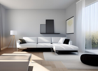 Modern minimalist interior living room with white leather sofa and decor on light background.AI generated.