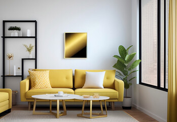 Modern minimalist interior living room wall mockup with leather sofa and decor on  yellow white background.AI generated.