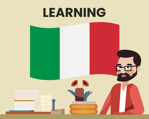 Italy flag with a male teacher, learning or teaching Italy language, school concept