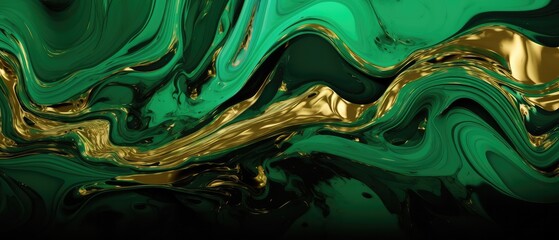 emerald and gold glossy abstract liquid wallpaper - Generative AI