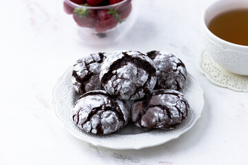 Chocolate chip cookies with close-up cracks. Delicious treat
