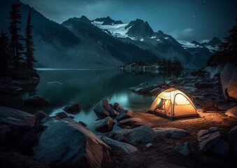 campsite tent by the  lake in  mountains, generative ai