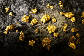 Mine wall full of gold nuggets. Treasure found in the mine. Golden ore.