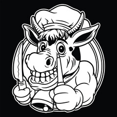 Cow Chef Mascot Black and White Illustration