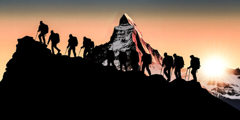 A Joyous group of hikers ascend a mountain, their silhouettes illuminated by the setting sun - generative ai.