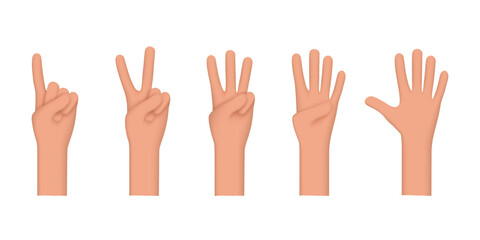 Hands set shows different gestures signs, isolated on white background.