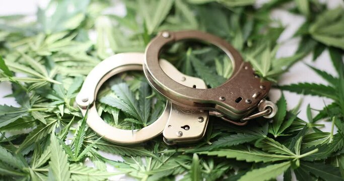 Handcuffs lying on green leaves of marijuana closeup. Arrest and corruption illegal sale of drugs