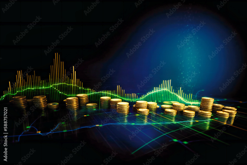 Poster the mesmerizing growth of stock investments with stacks of coins representing key milestones on a co