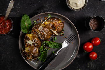 Baked potatoes in their skins with spices in a bowl