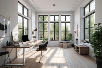 Naklejka na ściany i meble Interior design - modern and minimalist home office. Illustration. Generative AI