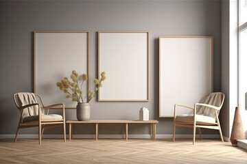 Fototapeta na wymiar Interior design - modern and minimalist interior with empty frame on the wall. Mockup illustration. Generative AI