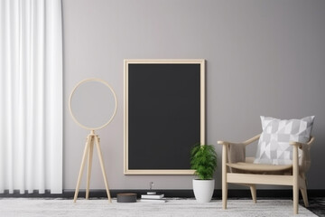 Interior design - modern and minimalist interior with empty frame on the wall. Mockup illustration. Generative AI