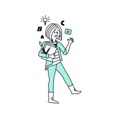 Student with books and pencil and brush goes to study and above his head the letters ABC with lamp and video icon in linear style