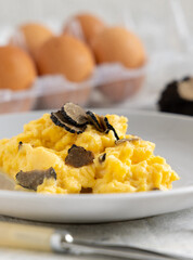 Scrambled eggs with fresh black truffles from Italy served in a plate close up, gourmet breakfast