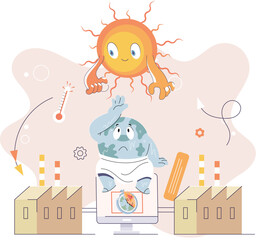 Global warming with earth overheated illustration. Climate change problem, environmental accident. Danger rising temperature, steam effect. Hot sun and atmosphere burn Earth, natural disaster