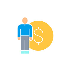Man with coin white outline icon. Finance, payment, invest finance symbol design.