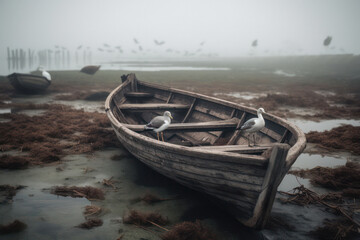 Old Rowing Boat on a Beach with Seagulls in the Background - obrazy, fototapety, plakaty