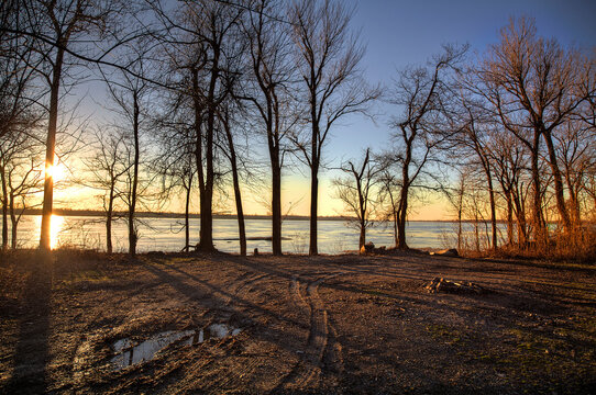 Sunset behind a stand of Trees by the Mississippi River in Southeast Missouri 