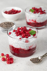 Chia pudding with yogurt and red currants in glasses on light gray background