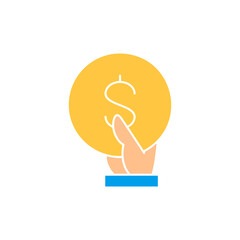 Hand holds a coin white outline icon. Finance, payment, invest finance symbol design.