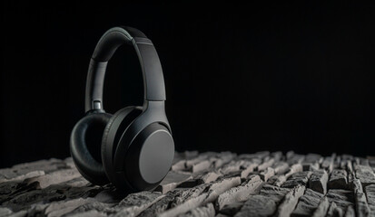 Modern wireless headphones in black environment with stone underground