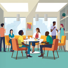 Healthcare professionals interact in a break room, promoting teamwork and camaraderie. Generative AI.