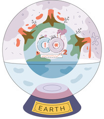 Greenhouse effect abstract concept with globe floats in water in glass ball. Global warming, climate change cause, co2 emission rise, global effect, greenhouse gas, air pollution problem, ozone layer