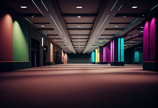 Empty convention hall center.The backdrop for exhibition stands,booth elements
.Meeting room for the conference.Big Arena for entertainment,concert,event. ballroom colorful.3d render. Generative AI