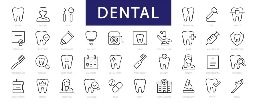Dental thin line icons set. Tooth icon. Dentist, Dental, Tooth editable stroke icons collection. Vector illustration