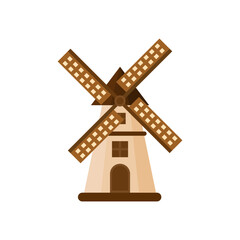 Traditional dutch windmill flat design vector illustration. Traditional dutch farm buildings for grinding wheat grains to flour. countryside architecture isolated on white background