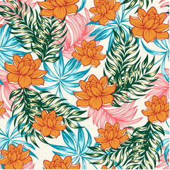 Trendy seamless tropical pattern with bright plants and flowers on a pastel background. Seamless pattern with colorful leaves and plants. Beautiful print with hand drawn exotic plants.