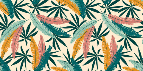 Original seamless tropical pattern with bright plants and flowers on a pastel background. Seamless exotic pattern with tropical plants. Colorful stylish floral. Summer colorful hawaiian.